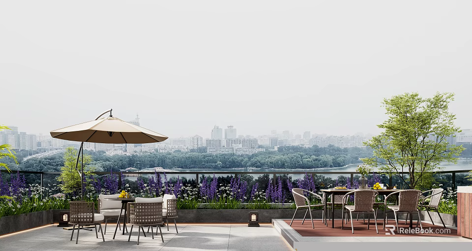 Scenic Villa Balcony With Outdoor Umbrella Dining Furniture Purple Flowers Trees And City View 3d model 