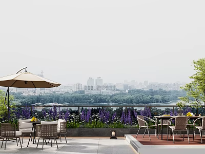 Scenic Villa Balcony With Outdoor Umbrella Dining Furniture Purple Flowers Trees And City View 3d model