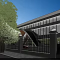 Modern Entrance Gate With Curved Arch Structure And Red Car Under Blue Sky