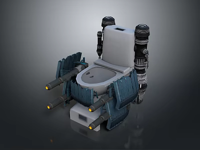 Futuristic Mechanical Toilet Design With Blue Structure White Base Gray Seat And Yellow Tip Cannons 3d model