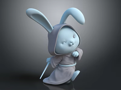 Cute Fantasy Rabbit Game Movie Character In Hooded Robe Holding Staff 3d model