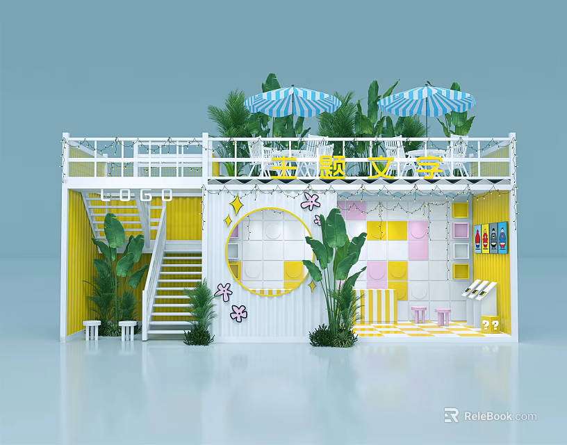 Two Story Container Flower Shop With White Railings Yellow Decorations And Blue White Striped Umbrellas 3d model 