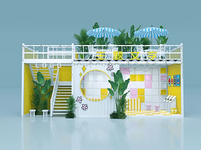 Two Story Container Flower Shop With White Railings Yellow Decorations And Blue White Striped Umbrellas 3d model