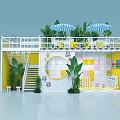 Two Story Container Flower Shop With White Railings Yellow Decorations And Blue White Striped Umbrellas