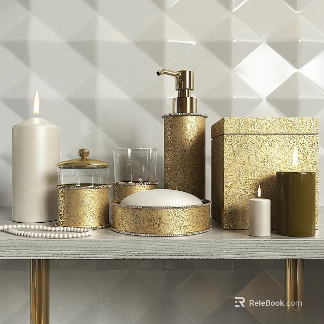 Elegant Decorative Daily Washing Essentials With Gold Textured Dispenser Soap Dish Candles And Storage Box 3d model 