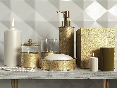 Elegant Decorative Daily Washing Essentials With Gold Textured Dispenser Soap Dish Candles And Storage Box 3d model