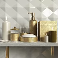 Elegant Decorative Daily Washing Essentials With Gold Textured Dispenser Soap Dish Candles And Storage Box