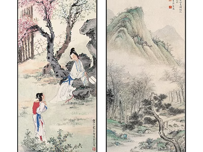 Traditional Chinese Paintings With Classical Figures Peach Blossom And Mountain Scenery 3d model