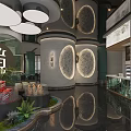 Modern Restaurant Interior Design With Circular Wall Decor Green Plants And Display Cabinets 3d model