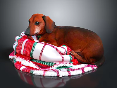 Brown Dachshund Lying On Cozy Red White Green Striped Blanket 3d model