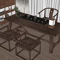 Traditional Solid Wood Tea Table and Chairs with Tea Set Lantern and Potted Plant