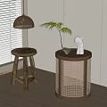 Round Wooden Side Table With Woven Rattan Design Green Plant And Decorative Figurine