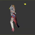 Anime Female Character In Pink Blue Dress With Silver Ornate Staff And Yellow Butterfly Props