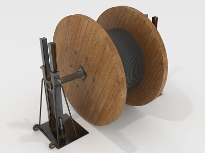 Vintage Wooden Cable Reel With Metal Stand And Coiled Black Cable 3d model