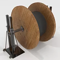 Vintage Wooden Cable Reel With Metal Stand And Coiled Black Cable