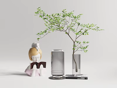 Glass Vase with Green Leafy Branch and Decorative Figure on Tabletop 3d model