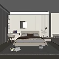 Modern Bedroom Interior With Bed Desk Floor to Ceiling Window And Area Rug