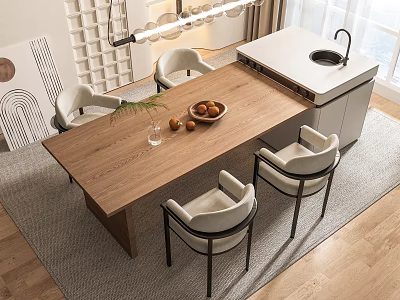 Modern Wooden Dining Table Set with Four Chairs Oranges Glass and Kitchen Island 3d model