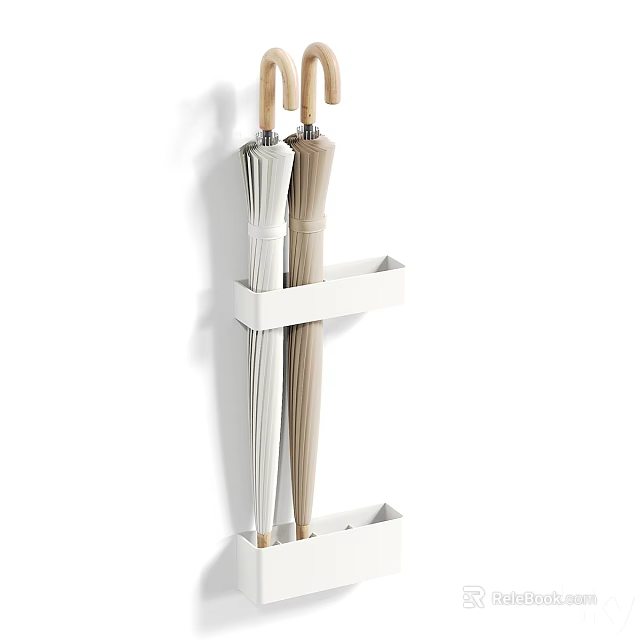 Practical Wall Mounted Umbrella Holder With Wooden Hooks And Storage Shelves 3d model 