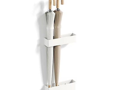 Practical Wall Mounted Umbrella Holder With Wooden Hooks And Storage Shelves 3d model