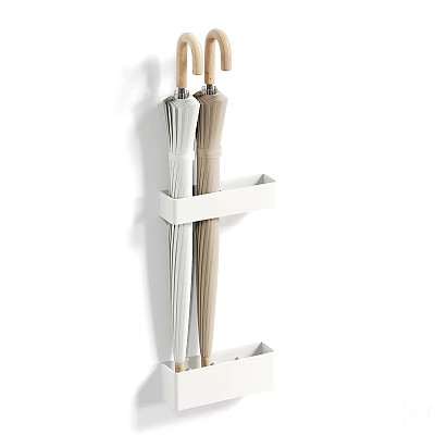 Practical Wall Mounted Umbrella Holder With Wooden Hooks And Storage Shelves 3d model