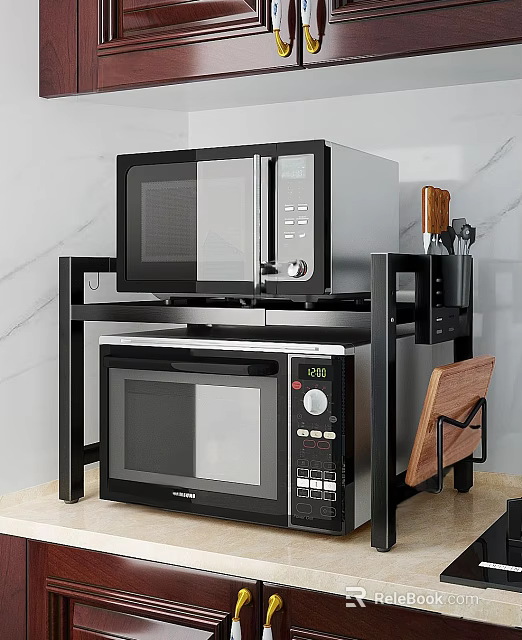 Double Microwaves On Black Kitchen Rack With Knife Holder And Cutting Board 3d model 