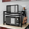 Double Microwaves On Black Kitchen Rack With Knife Holder And Cutting Board