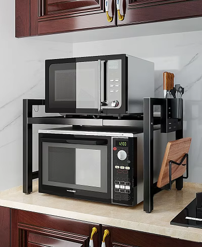 Double Microwaves On Black Kitchen Rack With Knife Holder And Cutting Board 3d model
