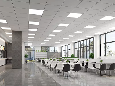 Modern Dining Space With Bright Ceiling Lights And Large Windows 3d model