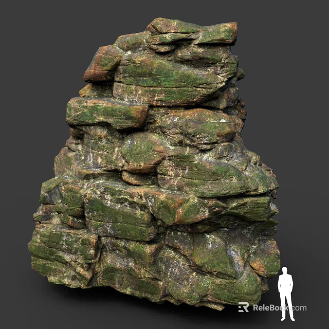 Moss Covered Rock Stack Structure With Natural Texture And Small Human Figure 3d model 