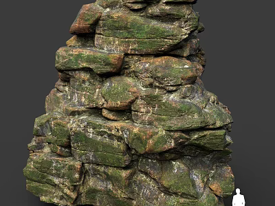 Moss Covered Rock Stack Structure With Natural Texture And Small Human Figure 3d model