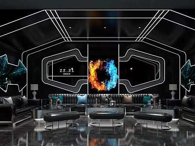 Futuristic KTV Interior Design With LED Lighting Leather Sofa And Digital Wall Art 3d model