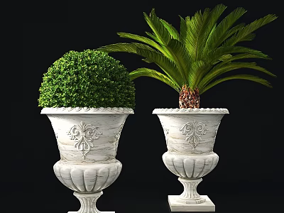 Ornate White Decorative Planters With Green Topiary And Palm Plant 3d model