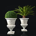 Ornate White Decorative Planters With Green Topiary And Palm Plant