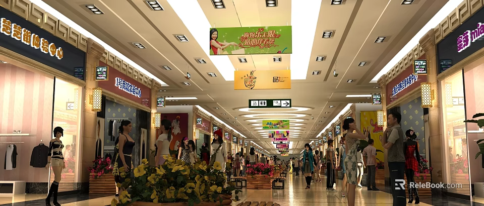 Spacious Shopping Mall Hall With Ceiling Lights Hanging Banners Store Signs And Flower Decorations 3d model 