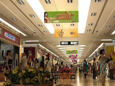 Spacious Shopping Mall Hall With Ceiling Lights Hanging Banners Store Signs And Flower Decorations 3d model