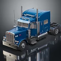 Blue Peterbilt Semi Truck With Chrome Details Dual Exhaust Pipes On Reflective Surface
