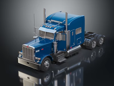 Blue Peterbilt Semi Truck With Chrome Details Dual Exhaust Pipes On Reflective Surface 3d model