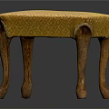 Classic Wooden Stool With Yellow Diamond Pattern Upholstered Seat And Carved Legs