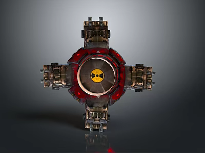 Mechanical Device With Central Yellow Emblem And Red Circular Metallic Structure 3d model