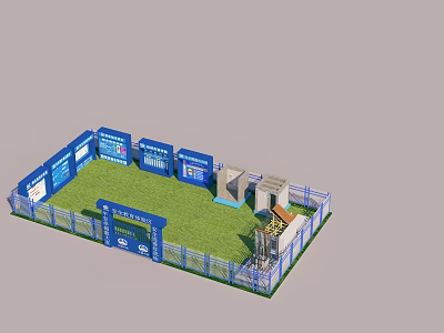 Outdoor Exhibition Space Featuring Blue Fence Green Lawn And Display Boards 3d model