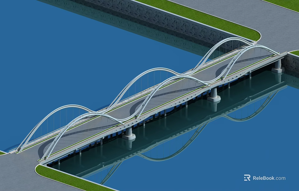 Modern Arch Bridge Spanning Blue Water With Multiple Curved Arches And Green Riverbanks 3d model 