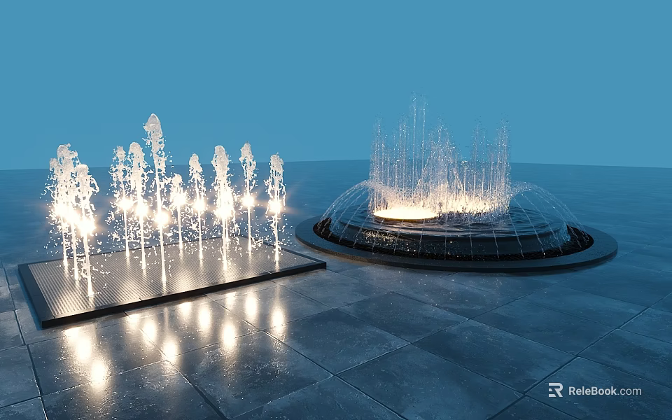Modern Garden Ornament Fountain With Illuminated Water Displays And Stone Ground Design 3d model 