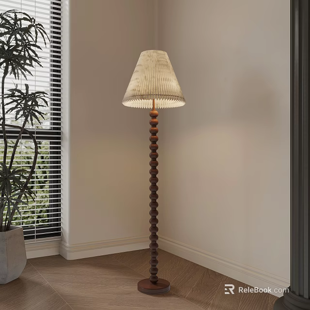 Floor Lamp With Wooden Spiral Base And Textured Lampshade Near Window 3d model 