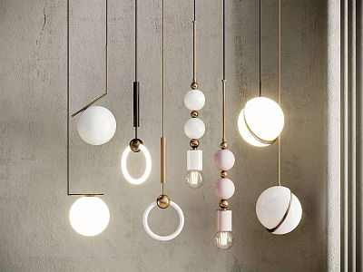 Modern Decorative Pendant Lights Featuring Various Shapes White Pink Spheres And Metal Frames For Interior 3d model