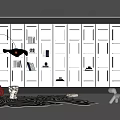 Contemporary Decorative Cabinet with White Cubes Black Frame Red Sofa Zebra Rug and Decor Items