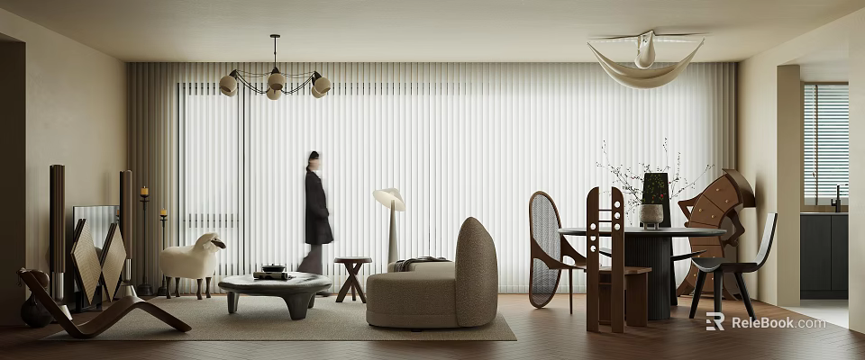 Stylish Living And Dining Room Interior With Curtains Sofa And Dining Table 3d model