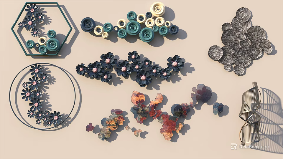 Modern Artistic Wall Decor With Geometric Shapes Floral Designs And Colorful Accents 3d model 