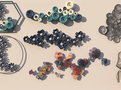 Modern Artistic Wall Decor With Geometric Shapes Floral Designs And Colorful Accents 3d model