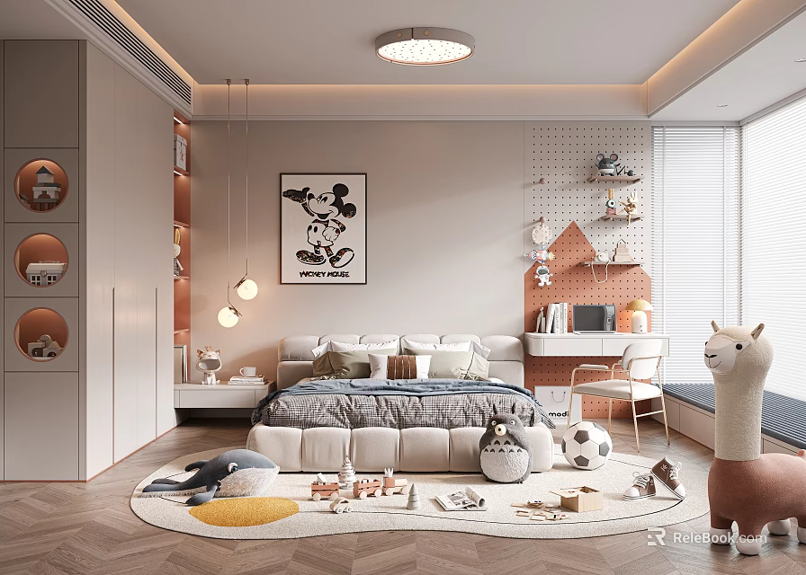 Modern Kids Room Interior Design With Soft Bed Stuffed Toys And Mickey Mouse Artwork 3d model 